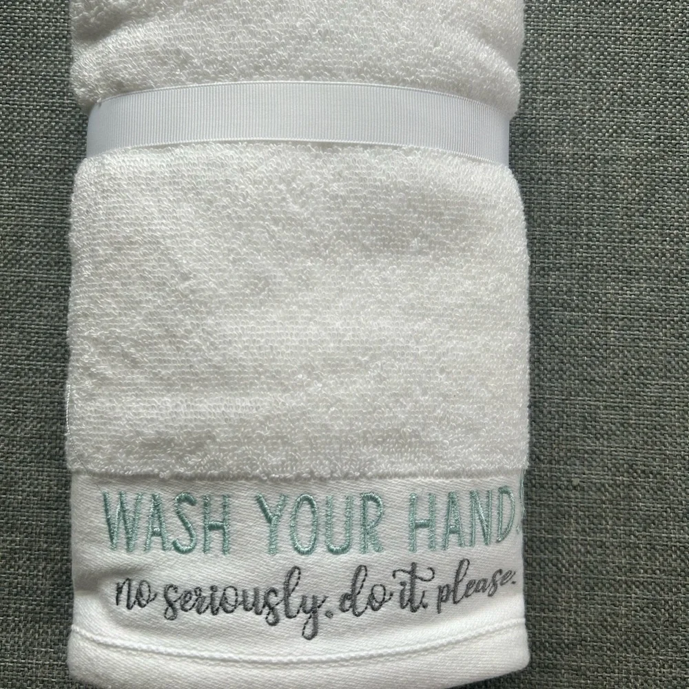 Deborah Connolly Designs Set of 2 Hand Towels embroidered “Wash Your Hands” - Picture 3 of 7
